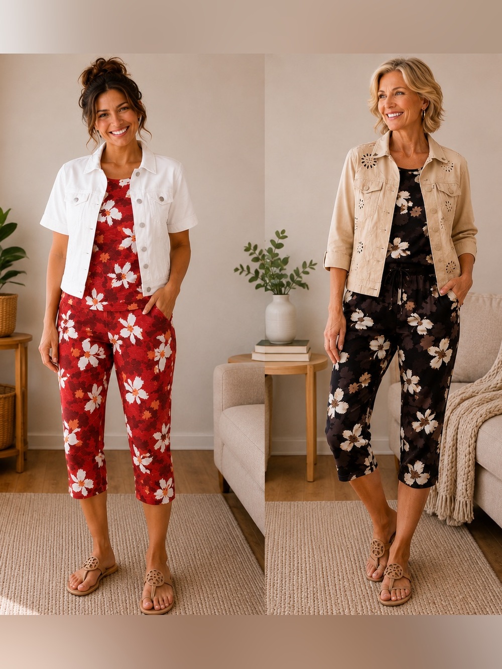 2 Denim&Co  Floral  Jumpsuit with White jacket and tan jacket